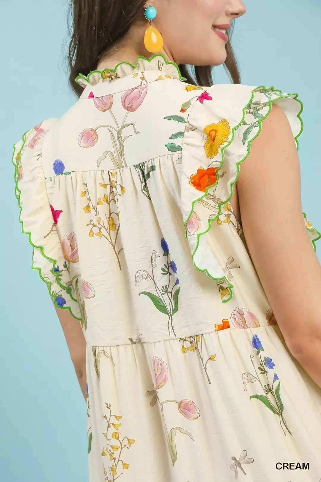 YSONA Umgee Floral Ruffle Tiered Midi Dress with Scalloped Detail — full length view | Women's Dress