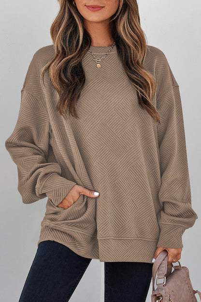 Parchment Solid Color Textured Round Neck Drop Shoulder Pullover Sweatshirt