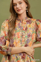 YSONA Umgee Mix Floral Print Smocked Cuff Mini Dress — model wearing | Women's Dress | Shop YSONA