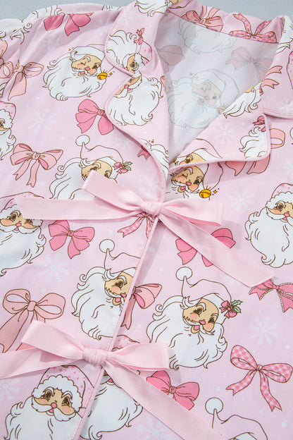 Pink Santa Print Paneling Shift Silhouette Short Sleeve Lounge Set