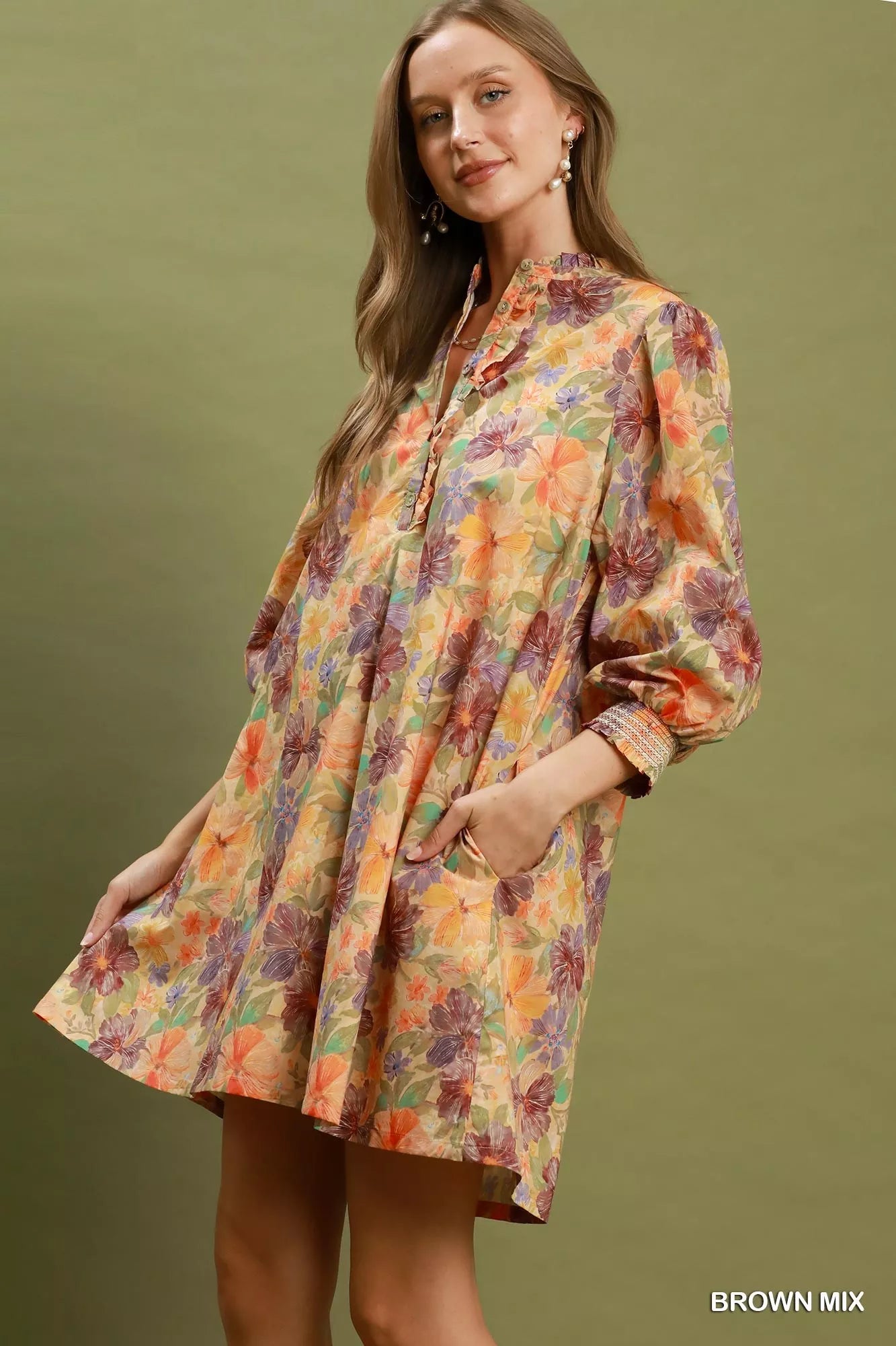 YSONA Umgee Mix Floral Print Smocked Cuff Mini Dress — back view | Women's Dress | Shop YSONA