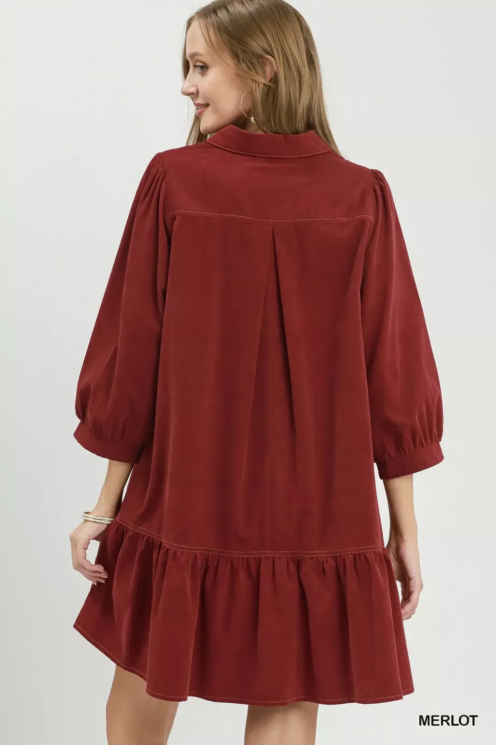 YSONA Umgee Corduroy Contrast Trim Tiered Babydoll Dress — side view | Women's Dress | Shop YSONA