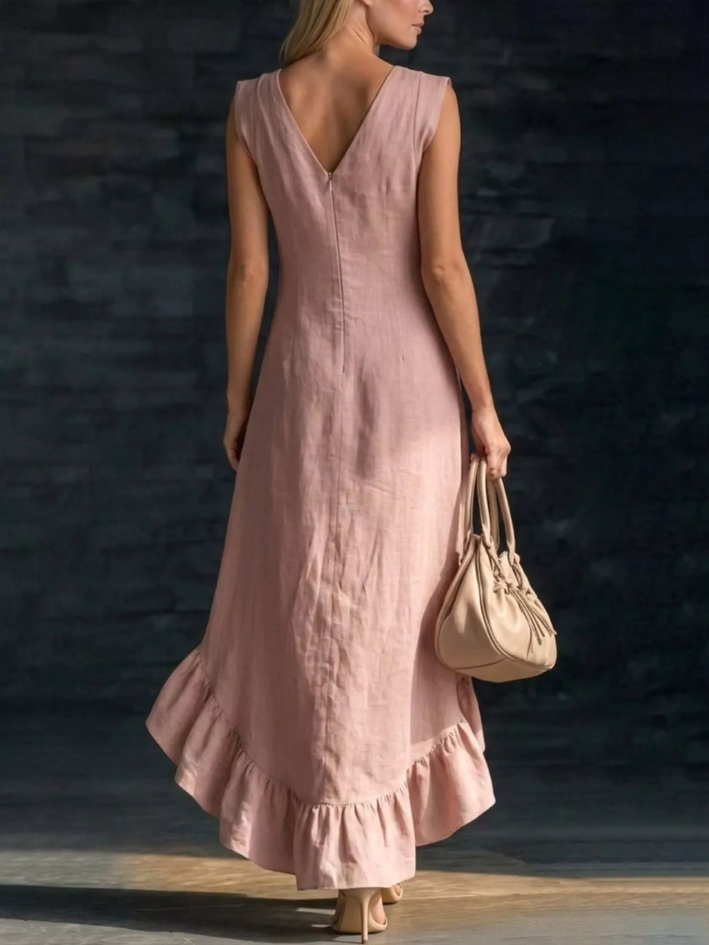 YSONA Full Size V-Neck Ruffle Hem High-Low Dress Plus Size — back view | Women's Dress