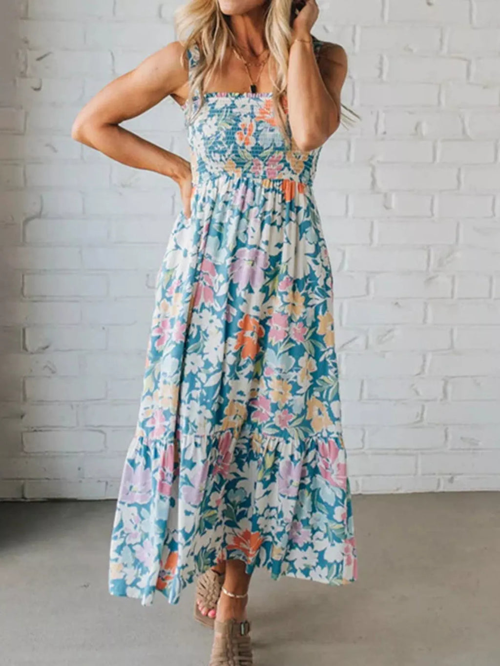 YSONA Floral Smocked Square Neck Midi Dress — front view | Women's Dress | Shop YSONA