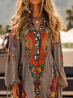 YSONA Fringe Hem Notched Long Sleeve Dress — back view | Women's Dress | Shop YSONA