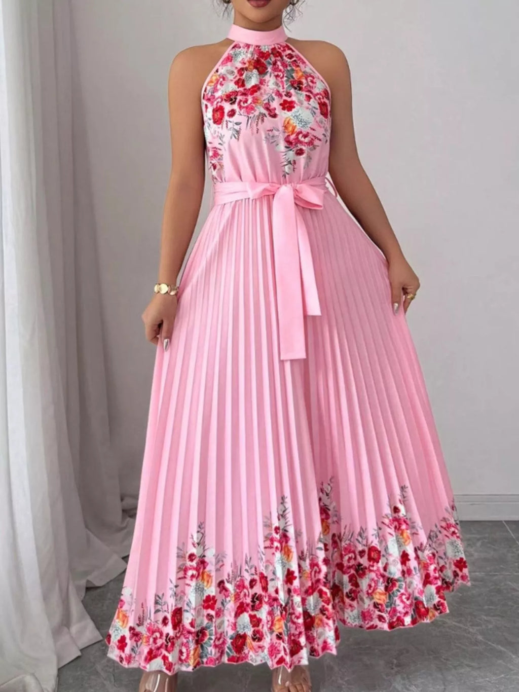 YSONA Halter Neck Floral Print Pleated Maxi Dress — back view | Women's Dress | Shop YSONA
