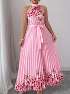 YSONA Halter Neck Floral Print Pleated Maxi Dress — back view | Women's Dress | Shop YSONA