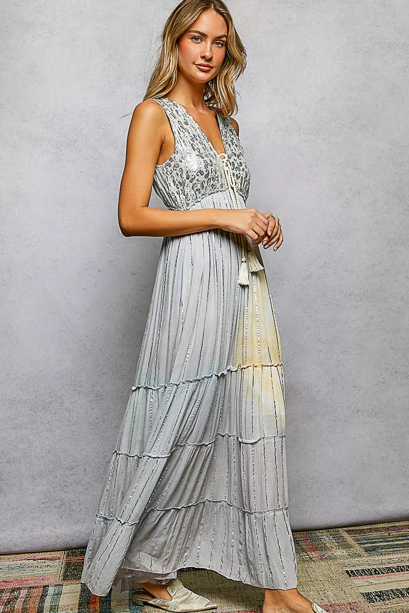 YSONA POL Deep V Sleeveless Cotton Bohemian Tiered Maxi Dress — detail view | Women's Dress
