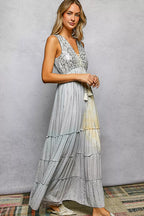 YSONA POL Deep V Sleeveless Cotton Bohemian Tiered Maxi Dress — detail view | Women's Dress