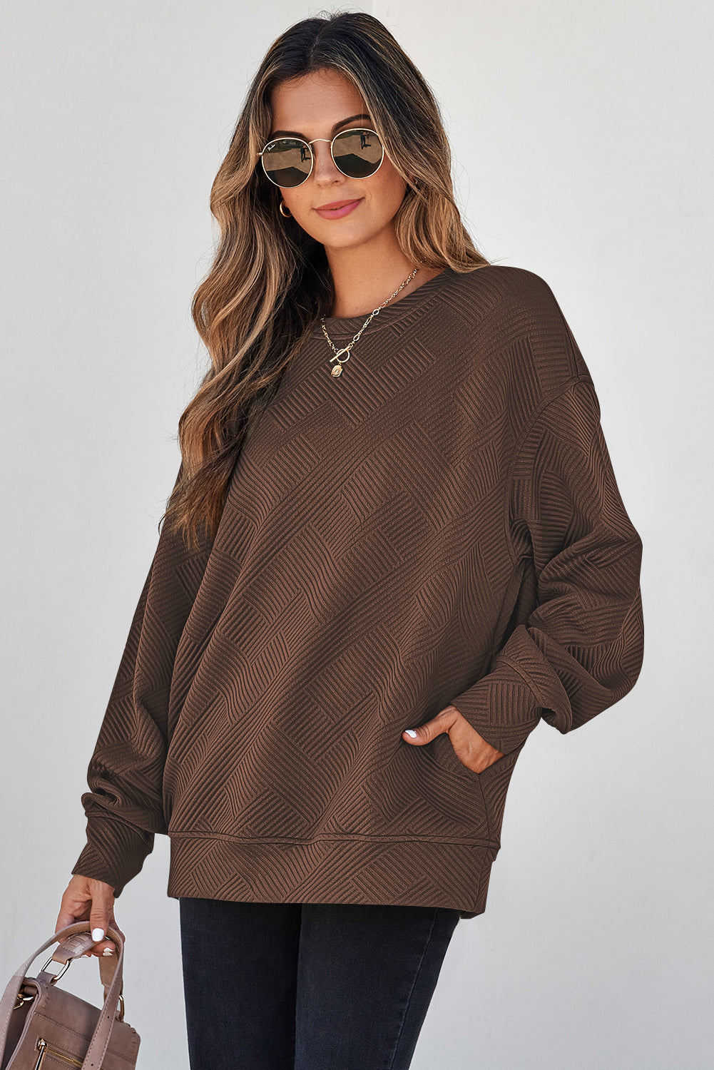Parchment Solid Color Textured Round Neck Drop Shoulder Pullover Sweatshirt