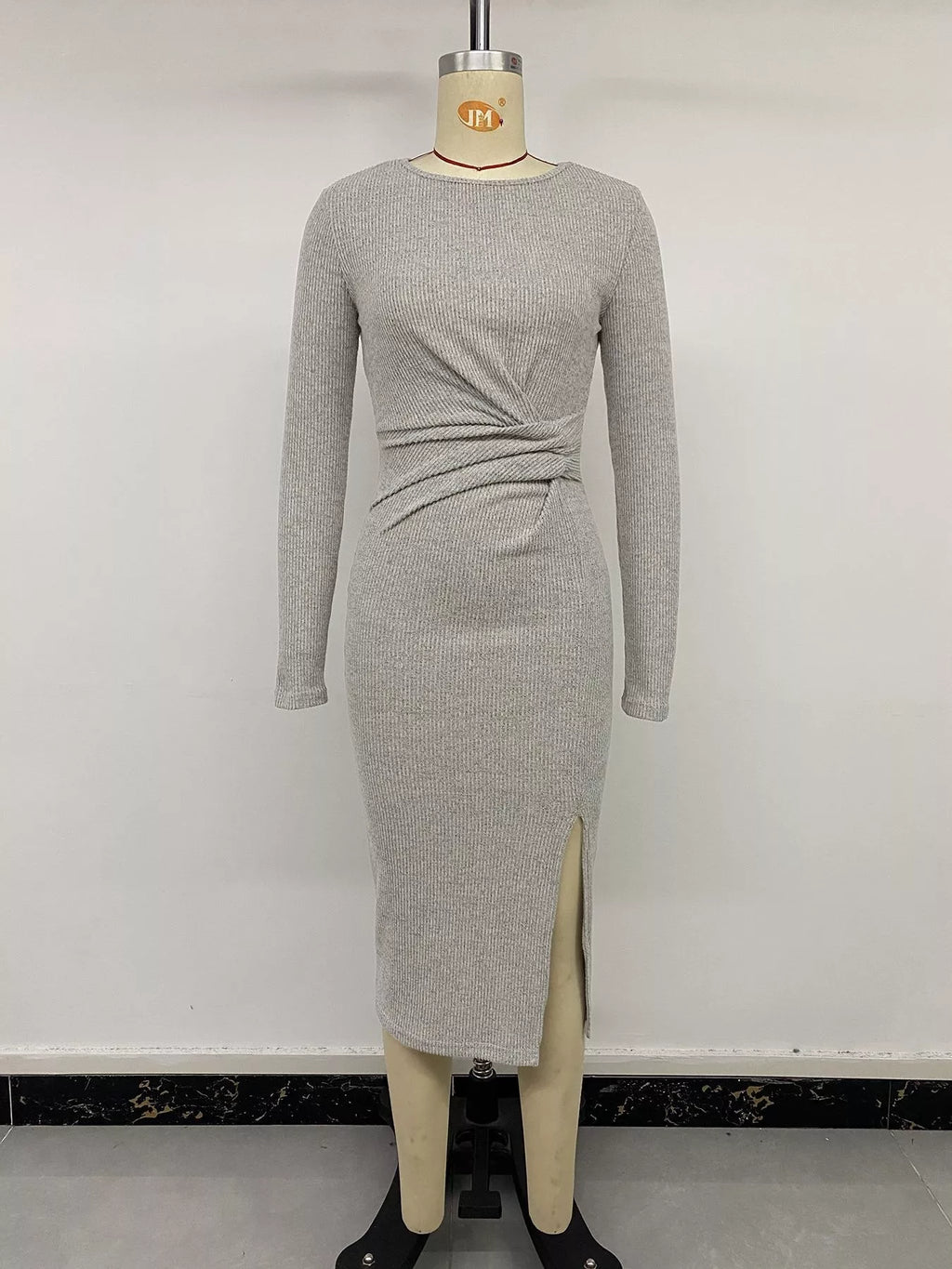 YSONA Ribbed Knit Twist Front Long Sleeve Midi Dress with Slit — close-up view | Women's Dress