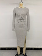 YSONA Ribbed Knit Twist Front Long Sleeve Midi Dress with Slit — close-up view | Women's Dress