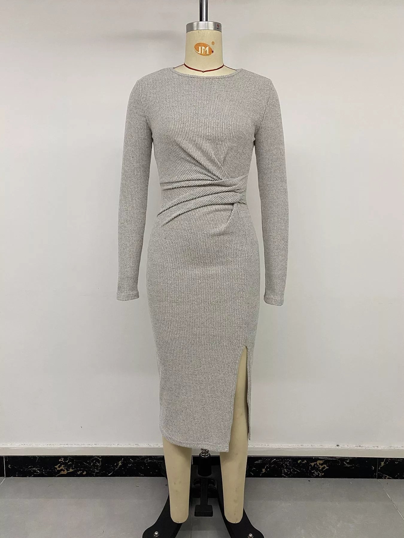 YSONA Ribbed Knit Twist Front Long Sleeve Midi Dress with Slit — close-up view | Women's Dress