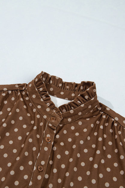 Brown Polka Dot V Neck Long Sleeve Button Shift Dress