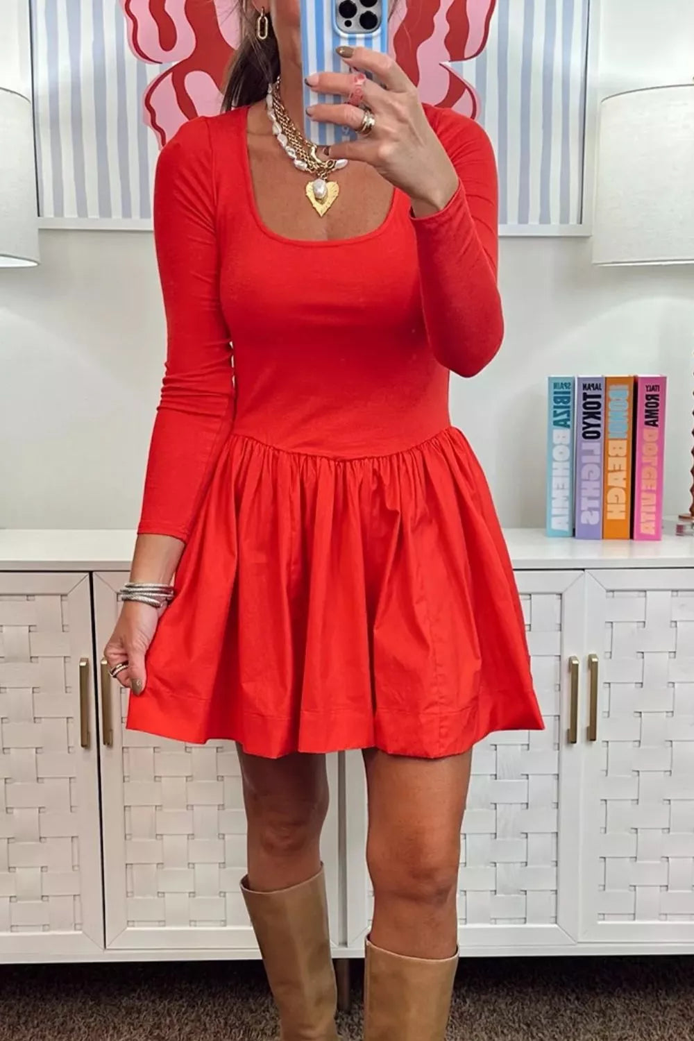 YSONA U Neck Long Sleeve Fit and Flare Mini Dress — back view | Women's Dress | Shop YSONA