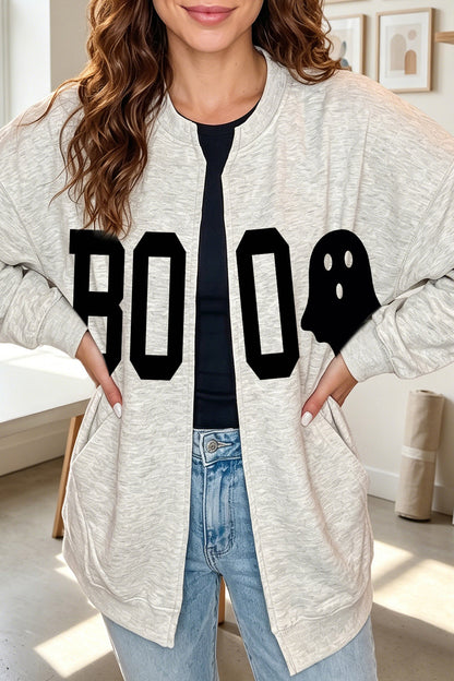 Light Grey Halloween Boo Ghost Print Open Front Sweatshirt