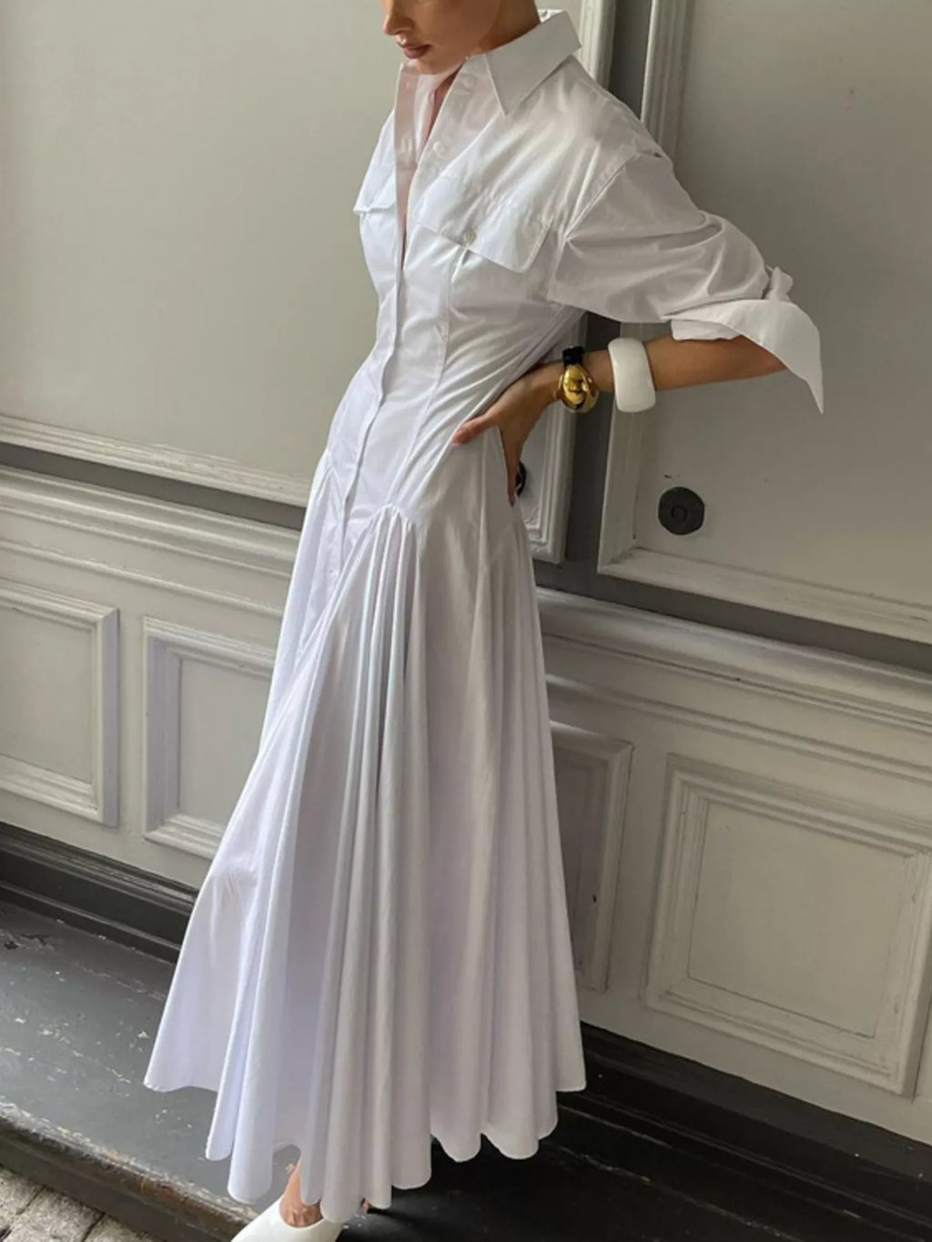 YSONA Button Front Long Sleeve Maxi Shirt Dress — side view | Women's Dress | Shop YSONA