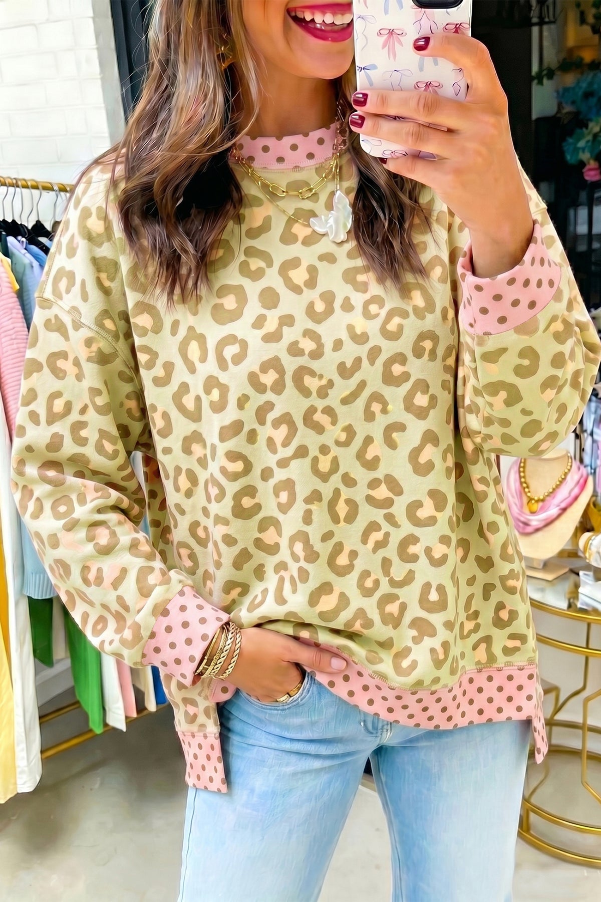 Brown Leopard Polka Dot Colorblock Trim Long Sleeve Top