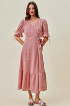 YSONA Stripe Textured Short Sleeves Lined Wrap Midi Dress — front view | Women's Dress | Shop YSONA