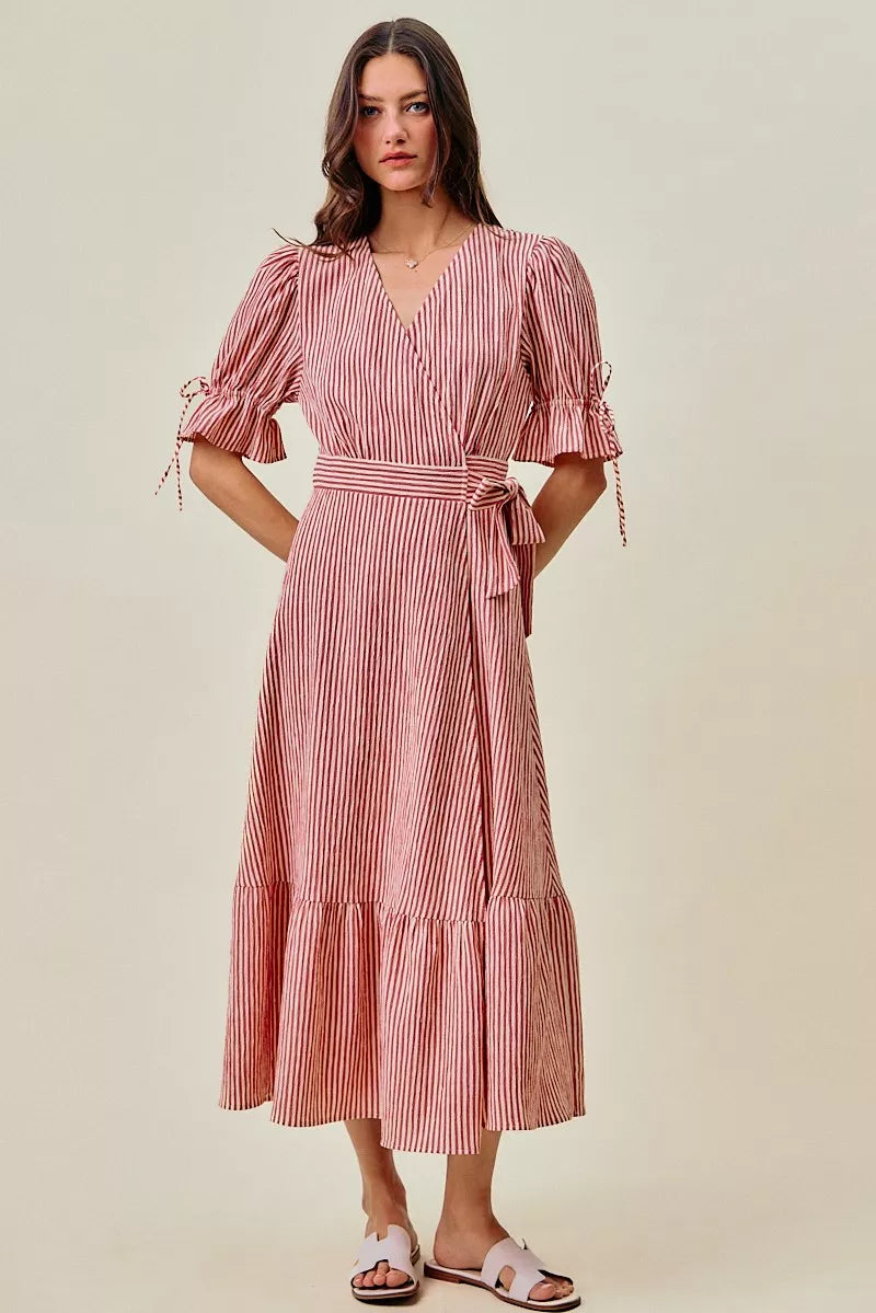 YSONA Stripe Textured Short Sleeves Lined Wrap Midi Dress — front view | Women's Dress | Shop YSONA