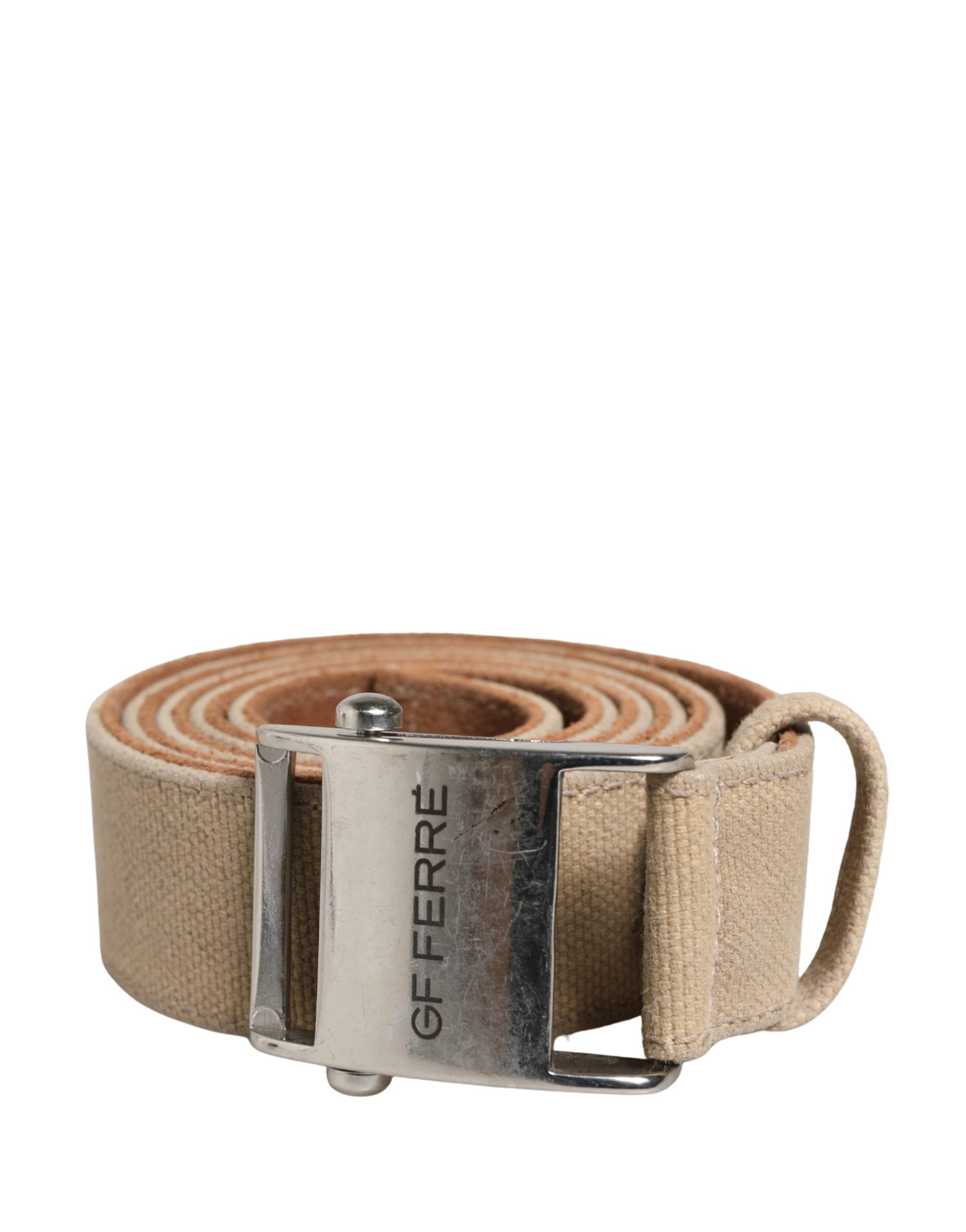GF Ferre Men Beige Canvas Silver Metal Buckle Cintura Belt - YSONA
