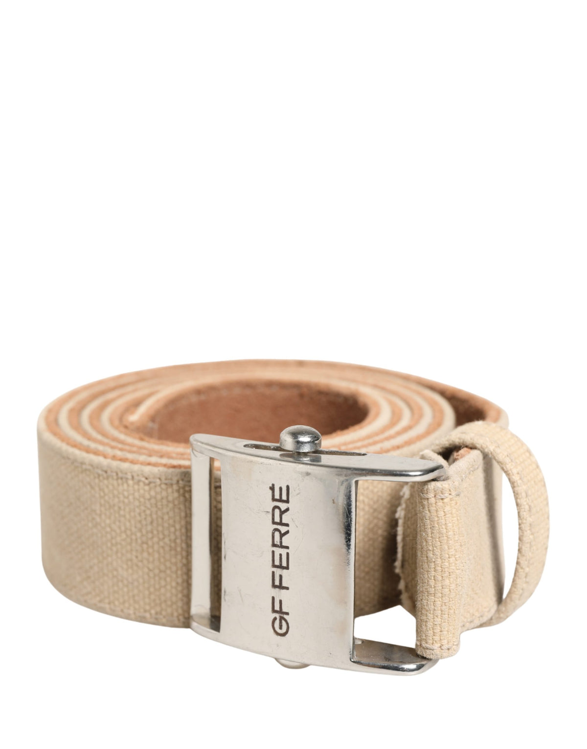 GF Ferre Men Beige Canvas Silver Metal Buckle Cintura Belt - YSONA