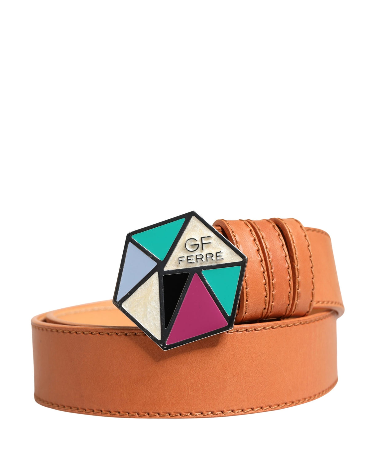 GF Ferre Orange Leather Hexagon Metal Buckle Waist Women Belt - YSONA