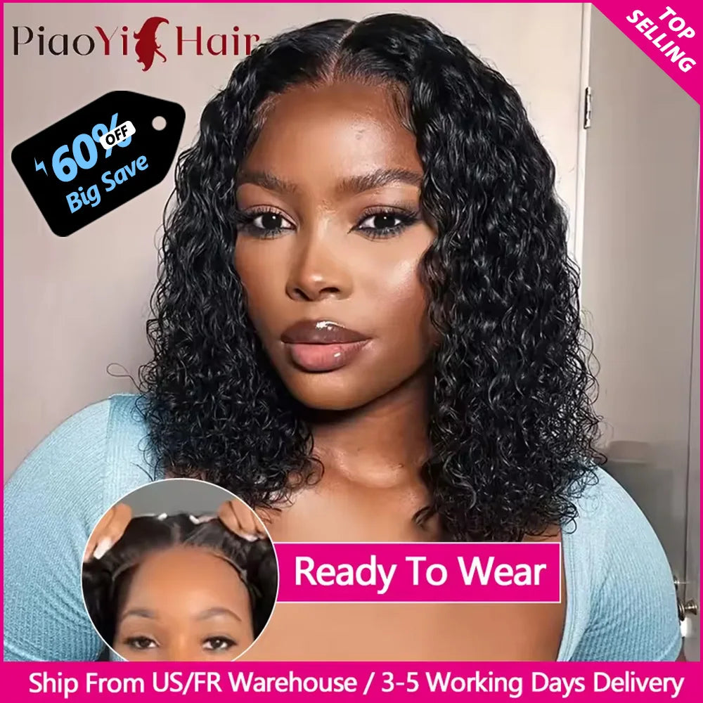 Glueless Water Wave Bob Wig – 4x4 Pre-Cut Lace Closure, Ready-to-Wear Curly