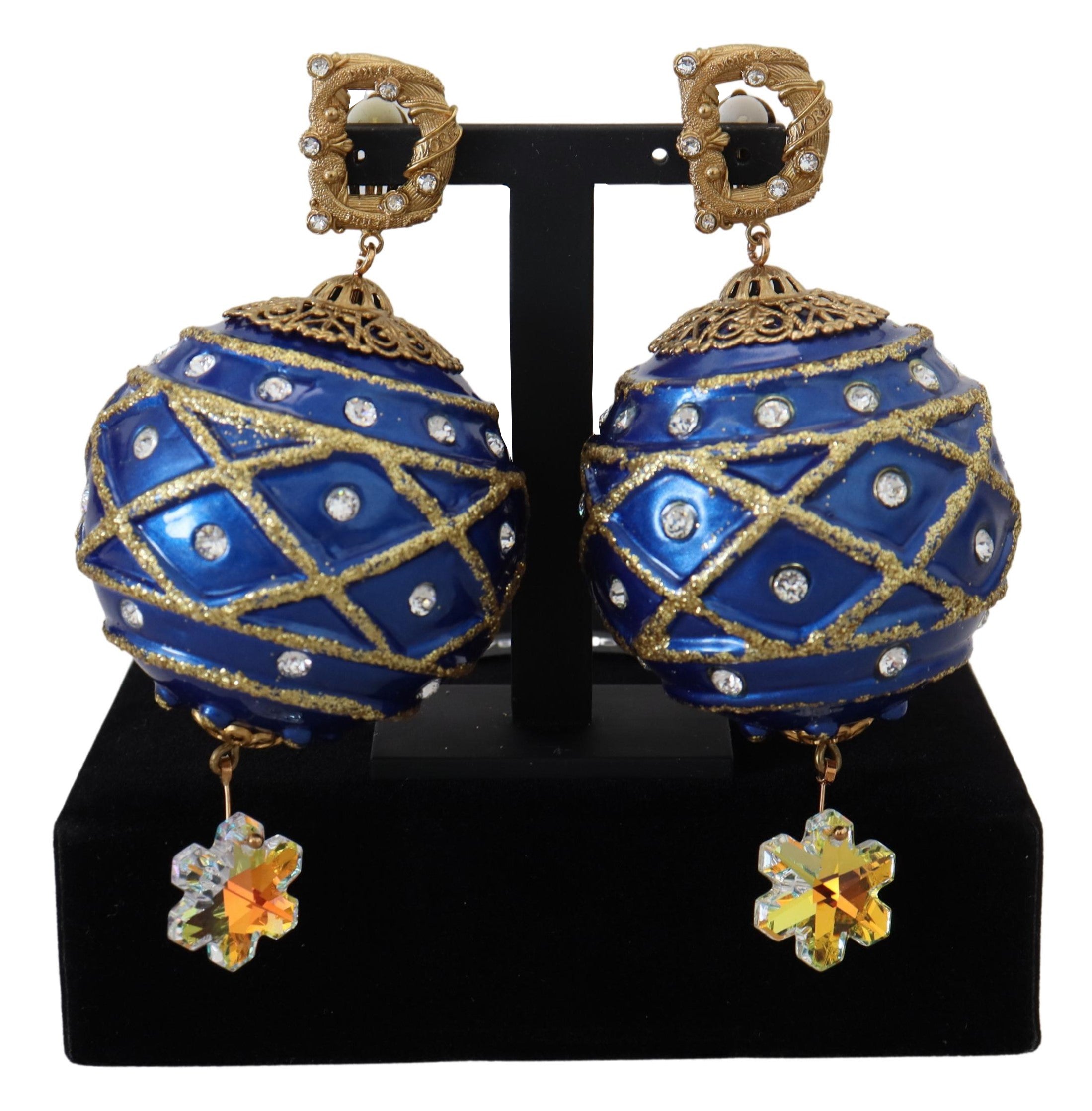 Dolce & Gabbana Gold Brass Blue Dangle Ball Crystal Clip On Earrings - YSONA