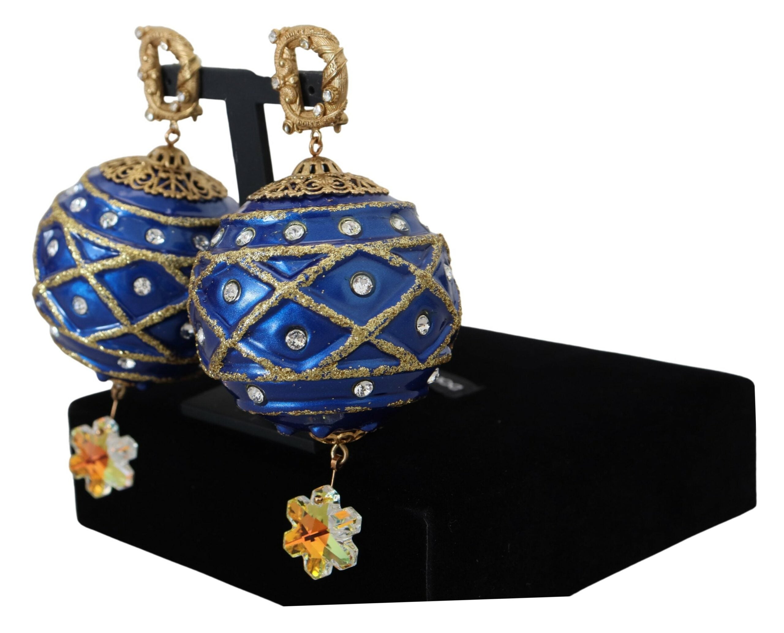 Dolce & Gabbana Gold Brass Blue Dangle Ball Crystal Clip On Earrings - view 2