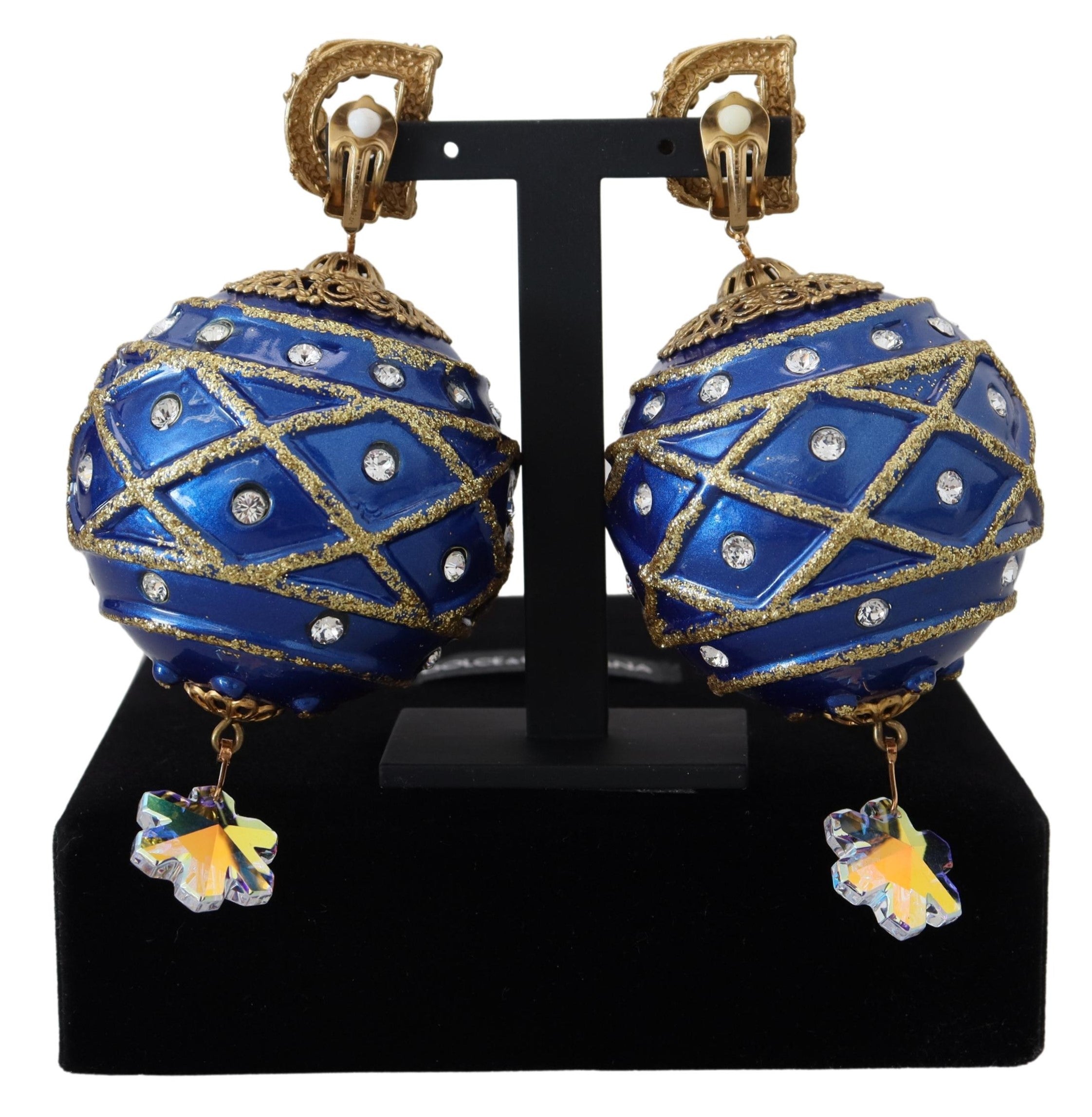 Dolce & Gabbana Gold Brass Blue Dangle Ball Crystal Clip On Earrings - view 3