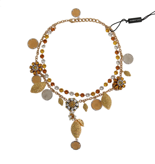 Dolce & Gabbana Gold Brass Crystal Logo Pineapple Statement Necklace - YSONA