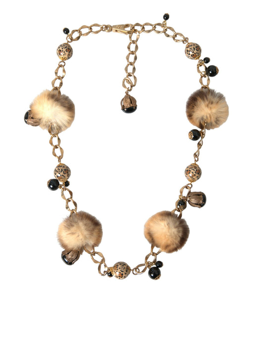 Dolce & Gabbana Gold Brass Leopard Fur Pearl Collier Chain Belt - YSONA