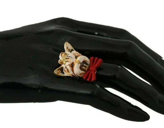 Dolce & Gabbana Gold Brass Resin Beige Dog Pet Branded Accessory Ring - YSONA