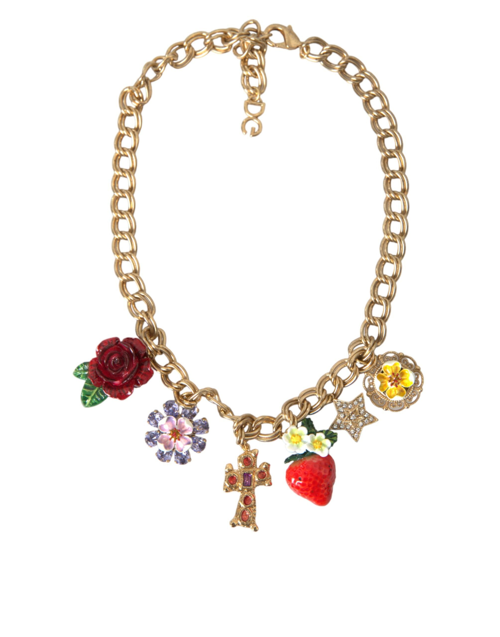Dolce & Gabbana Gold Chain Rose Cross Strawberry Star Pendant Necklace - YSONA