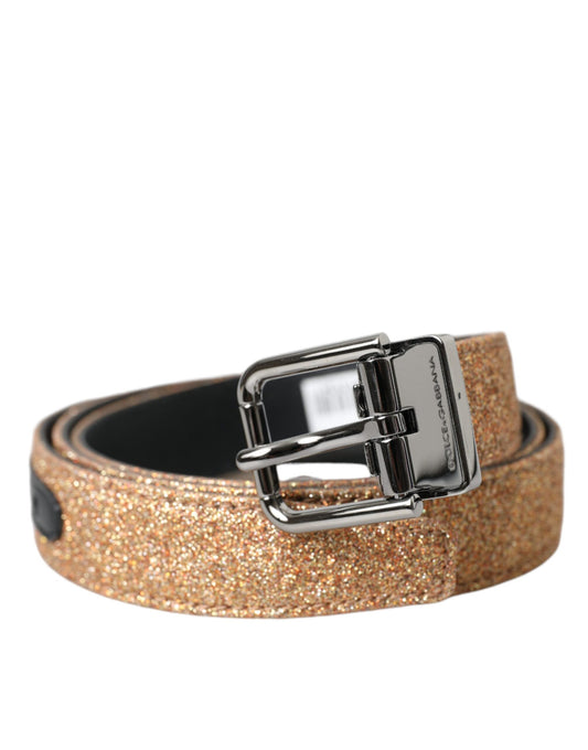 Dolce & Gabbana Gold Glitter Leather Silver Metal Buckle Belt - YSONA