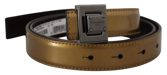 Dolce & Gabbana Gold Leather Silver Square Metal Buckle Belt - YSONA