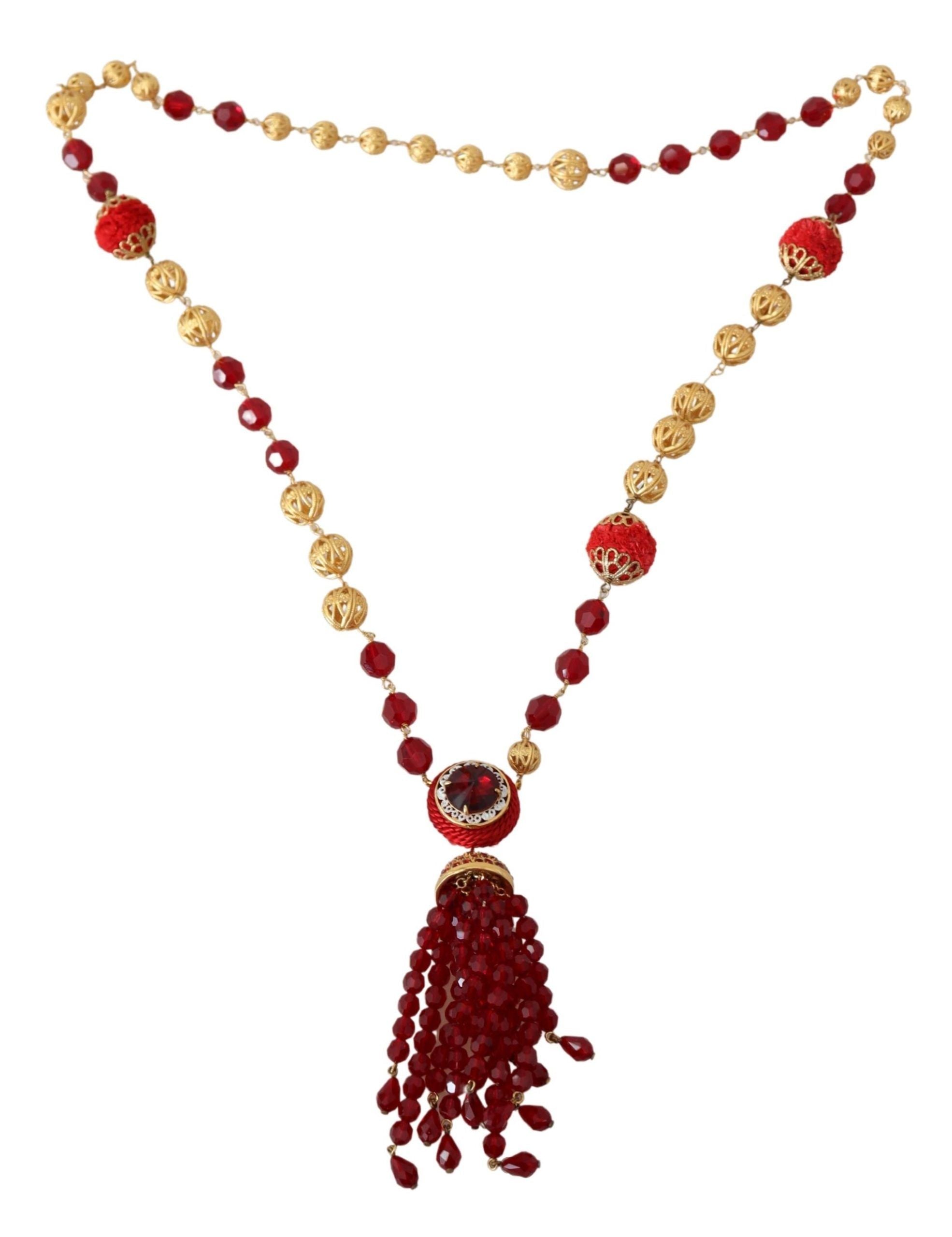 Dolce & Gabbana Gold Tone Brass Red Crystals Pendant Opera Chain Necklace - view 2