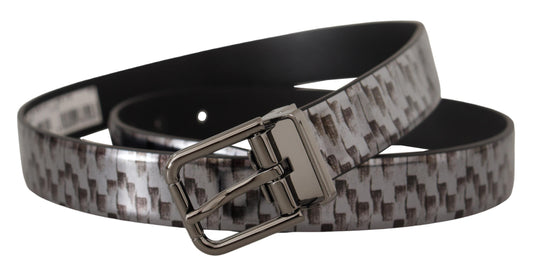 Dolce & Gabbana Gray Herringbone Leather Gray 3D Metal Buckle Belt - YSONA
