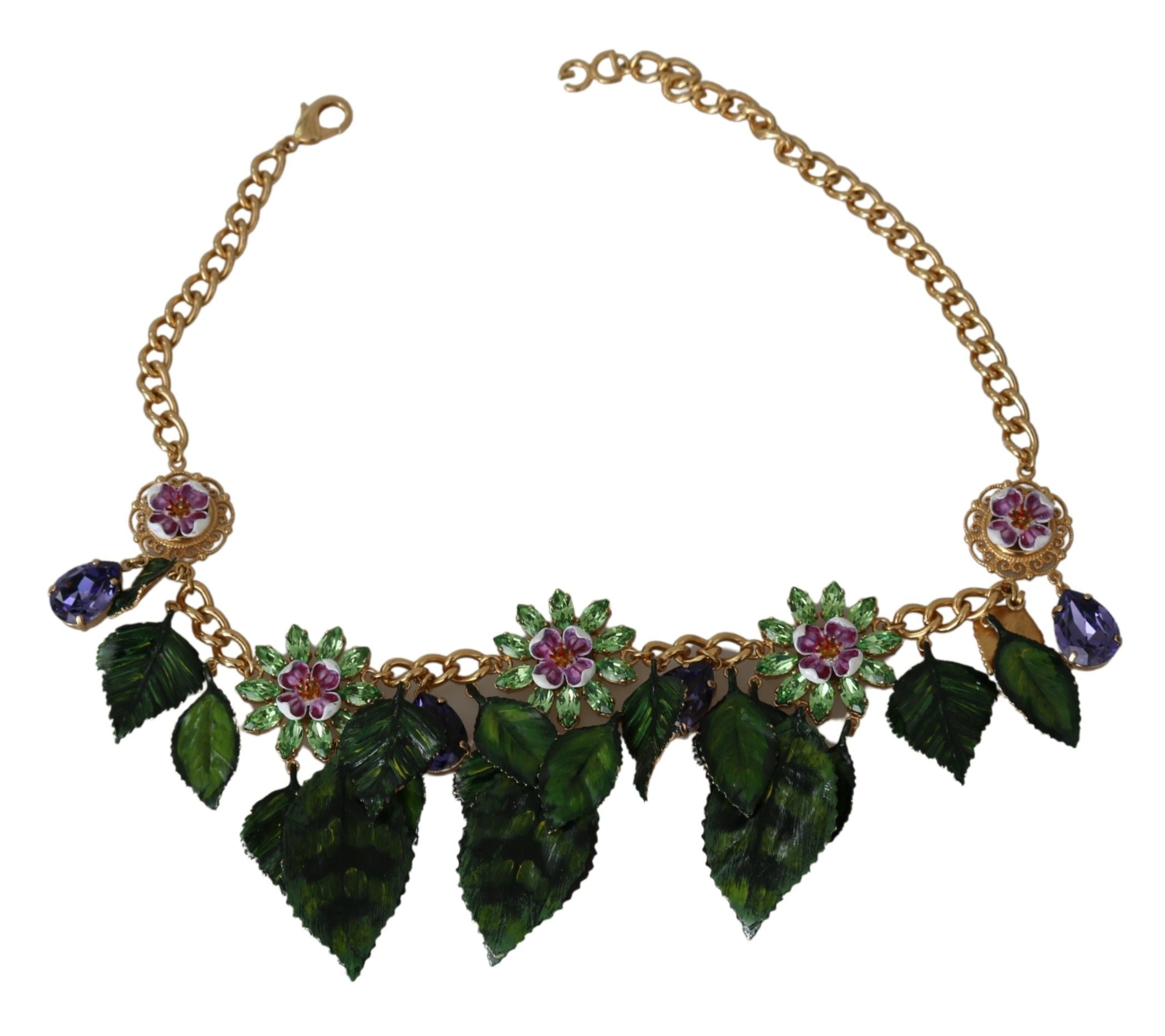 Dolce & Gabbana Green Leaves Gold Brass Crystal Flower Pendant Necklace - view 2