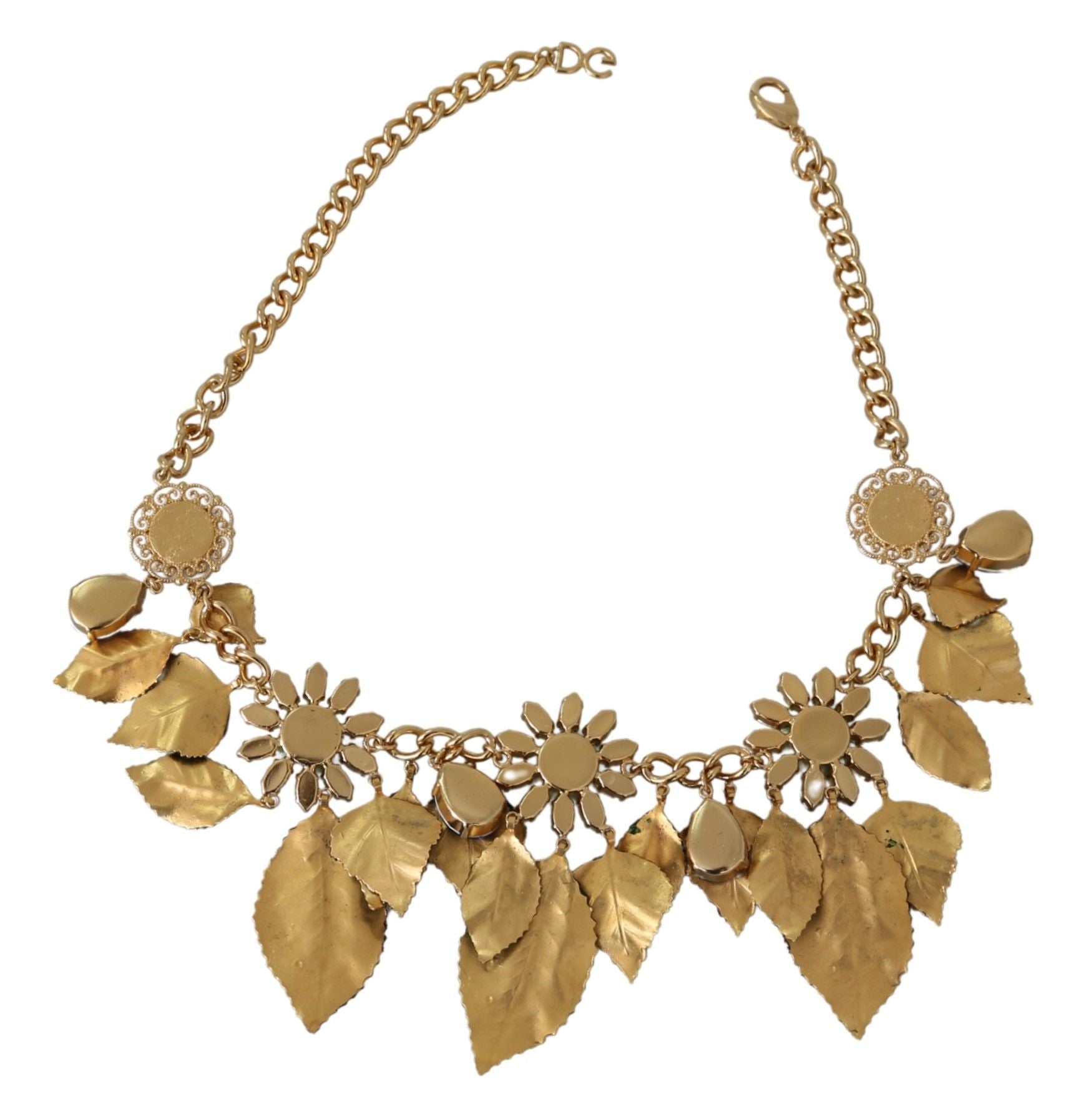 Dolce & Gabbana Green Leaves Gold Brass Crystal Flower Pendant Necklace - view 3
