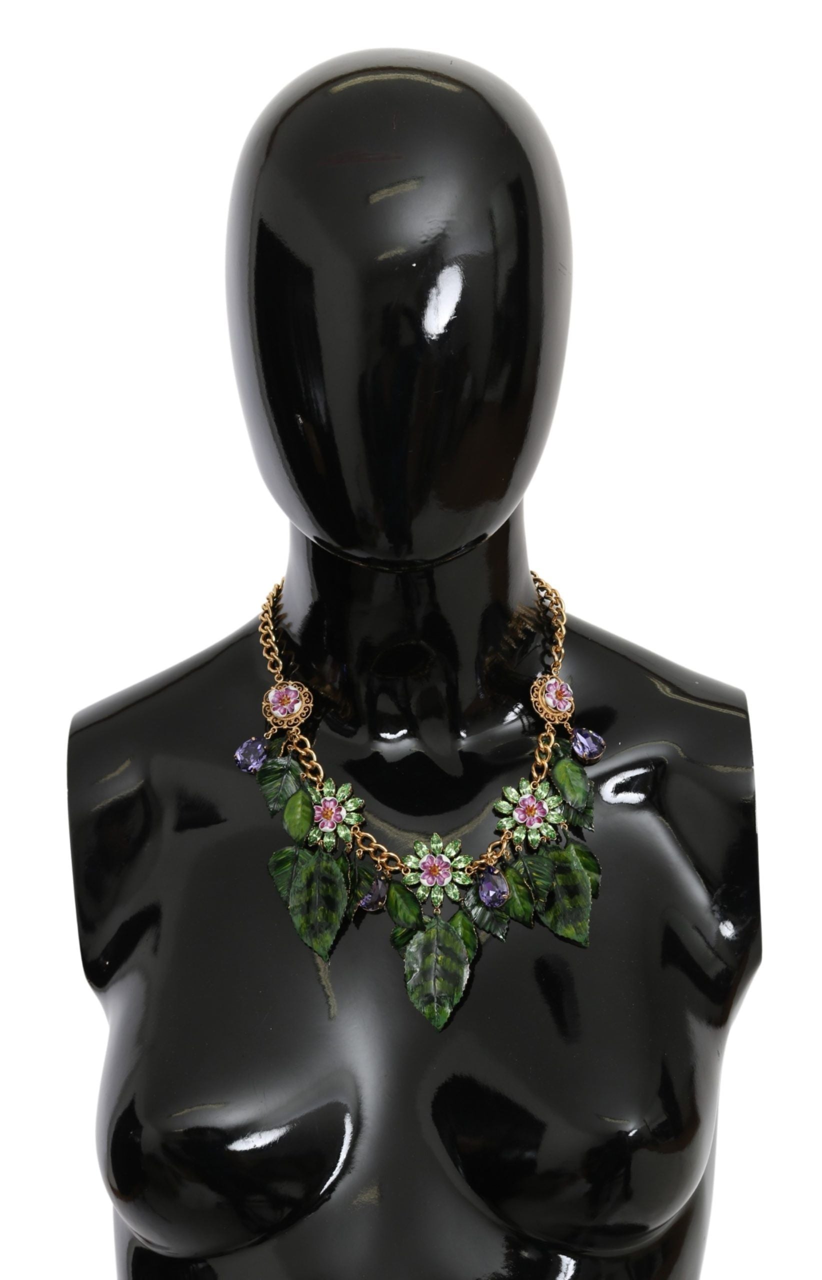 Dolce & Gabbana Green Leaves Gold Brass Crystal Flower Pendant Necklace - view 4
