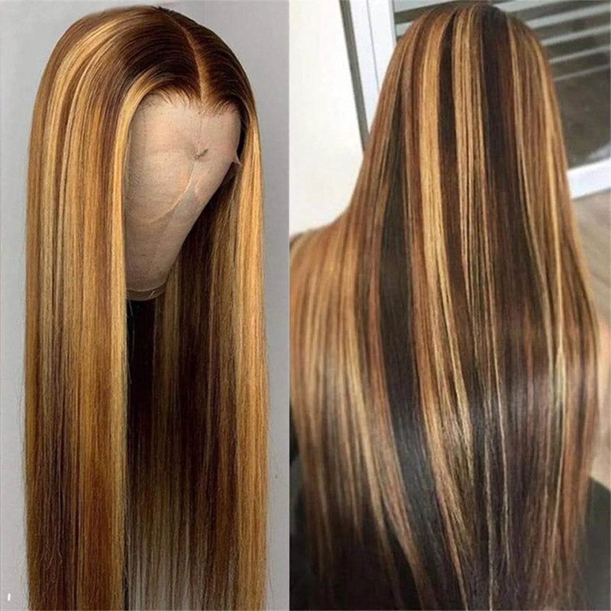 Highlight Ombre P4/27 Straight 13x6 HD Lace Frontal Wig – Honey Blonde 36 Inch, 250% Density
