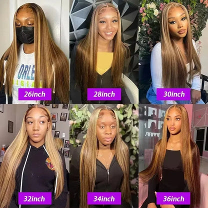 Highlight Ombre P4/27 Straight 13x6 HD Lace Frontal Wig – Honey Blonde 36 Inch, 250% Density