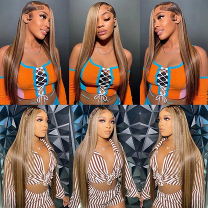 Highlight Ombre P4/27 Straight 13x6 HD Lace Frontal Wig – Honey Blonde 36 Inch, 250% Density
