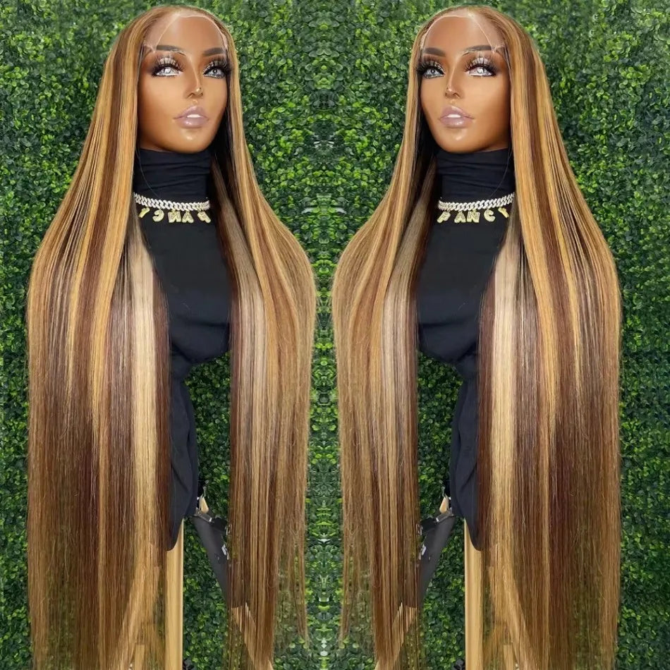 Highlight Ombre P4/27 Straight 13x6 HD Lace Frontal Wig – Honey Blonde 36 Inch, 250% Density