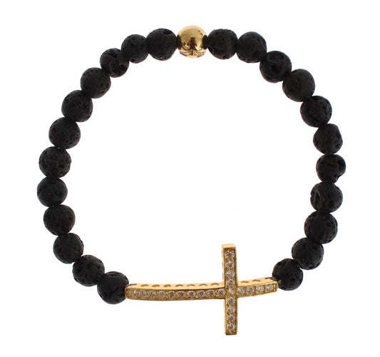 Nialaya Lava Stone Gold Clear CZ Cross 925 Silver Bracelet - YSONA