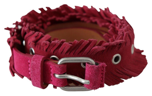 Ermanno Scervino Maroon Leather Fringes Silver Buckle Waist Belt - YSONA