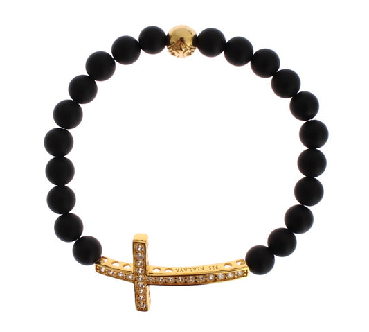 Nialaya Matte Onyx Stone Gold CZ Cross 925 Silver Bracelet - YSONA