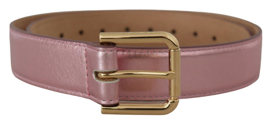 Dolce & Gabbana Metallic Pink Polished Leather Logo Metal Buckle Belt - YSONA